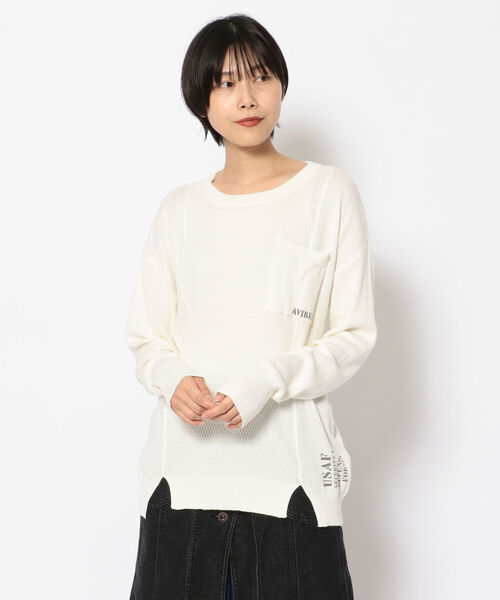 AVIREX(アヴィレックス)の「ハニカムコンビ ニットトップス/ HONEYCOMB COMBI KNIT TOPS(ニット/セーター・レディース・チャコール/オフホワイト/パープル・MEDIUM/SMALL)」の2枚目の写真