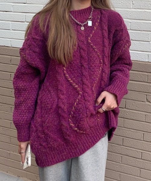 ABITOKYO（アビトーキョー）の「ハンドステッチ風ケーブルニットプルオーバー（ニット/セーター・レディース・ベージュ/グリーン/パープル/レッド/オレンジ・FREE）」の4枚目の写真