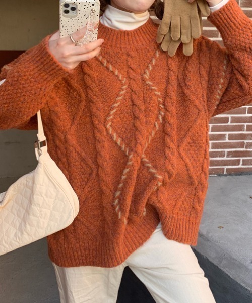 ABITOKYO（アビトーキョー）の「ハンドステッチ風ケーブルニットプルオーバー（ニット/セーター・レディース・ベージュ/グリーン/パープル/レッド/オレンジ・FREE）」の12枚目の写真
