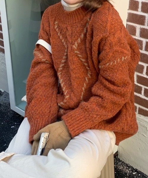 ABITOKYO（アビトーキョー）の「ハンドステッチ風ケーブルニットプルオーバー（ニット/セーター・レディース・ベージュ/グリーン/パープル/レッド/オレンジ・FREE）」の16枚目の写真