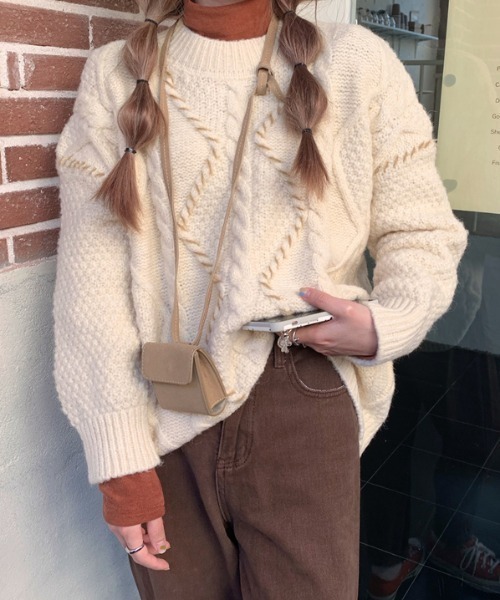 ABITOKYO（アビトーキョー）の「ハンドステッチ風ケーブルニットプルオーバー（ニット/セーター・レディース・ベージュ/グリーン/パープル/レッド/オレンジ・FREE）」の6枚目の写真