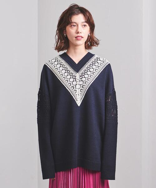 EZUMi（エズミ）の「＜EZUMi（エズミ）＞レース コンビ Vネック ニット（ニット/セーター・レディース・ベージュ/ネイビー・FREE）」の8枚目の写真