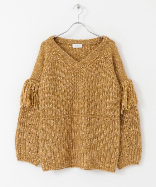 EARIH（アーリ）の「EARIH　NUBES FRINGE V NECK KNIT（ニット/セーター・レディース・キャメル/ネイビー・FREE）」の14枚目の写真