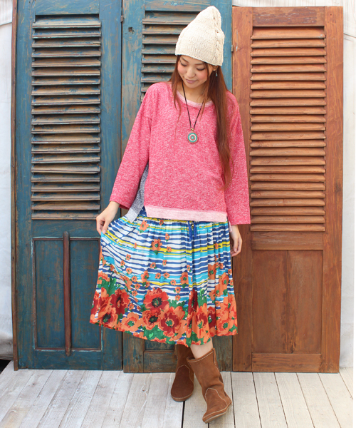 チャイハネ（チャイハネ）の「【チャイハネ】ボタニカルフラワーボーダースカート（スカート・レディース・レッド/ブルー/グリーン・FREE）」の7枚目の写真