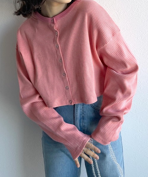 w closet（ダブルクローゼット）の「テレコボーダーショートクルーネックカーディガン（カーディガン/ボレロ・レディース・オフホワイト/ライム/イエロー/ピンク・FREE）」の4枚目の写真