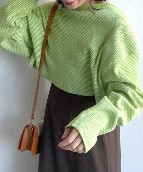 w closet（ダブルクローゼット）の「テレコボーダーショートクルーネックカーディガン（カーディガン/ボレロ・レディース・オフホワイト/ライム/イエロー/ピンク・FREE）」の2枚目の写真