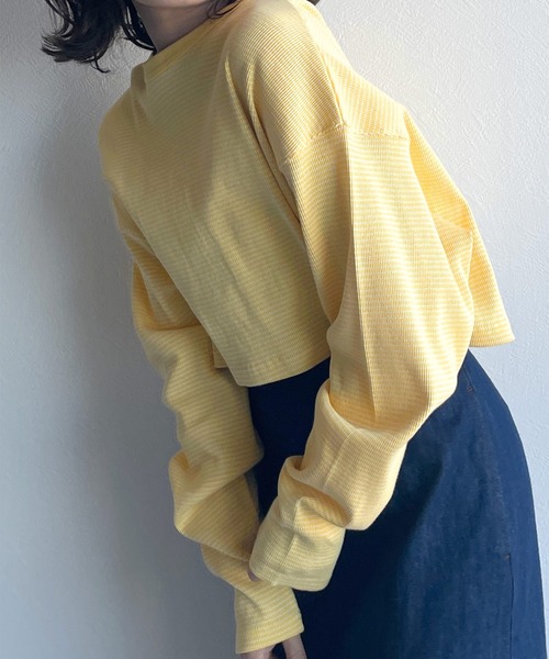 w closet（ダブルクローゼット）の「テレコボーダーショートクルーネックカーディガン（カーディガン/ボレロ・レディース・オフホワイト/ライム/イエロー/ピンク・FREE）」の3枚目の写真