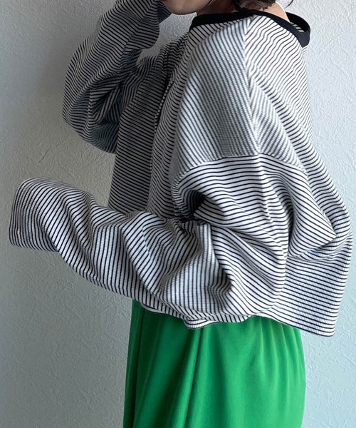 w closet（ダブルクローゼット）の「テレコボーダーショートクルーネックカーディガン（カーディガン/ボレロ・レディース・オフホワイト/ライム/イエロー/ピンク・FREE）」の13枚目の写真