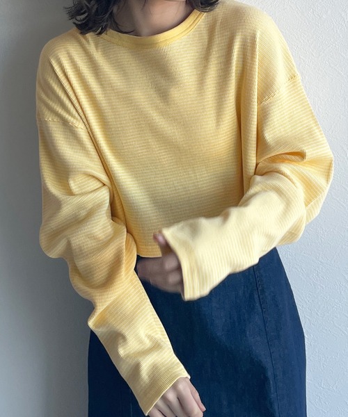 w closet（ダブルクローゼット）の「テレコボーダーショートクルーネックカーディガン（カーディガン/ボレロ・レディース・オフホワイト/ライム/イエロー/ピンク・FREE）」の19枚目の写真