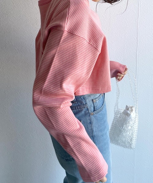 w closet（ダブルクローゼット）の「テレコボーダーショートクルーネックカーディガン（カーディガン/ボレロ・レディース・オフホワイト/ライム/イエロー/ピンク・FREE）」の16枚目の写真