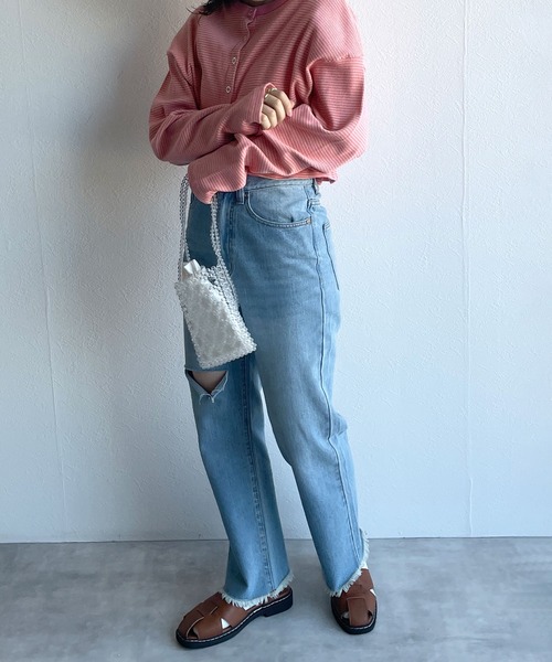 w closet（ダブルクローゼット）の「テレコボーダーショートクルーネックカーディガン（カーディガン/ボレロ・レディース・オフホワイト/ライム/イエロー/ピンク・FREE）」の8枚目の写真