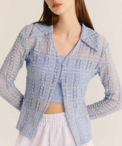 CITYBREEZE(シティブリーズ)の「CITYBREEZE/COLLAR LACEカーディガン 2281283(カーディガン/ボレロ・レディース・ブルー/ホワイト・FREE)」の2枚目の写真
