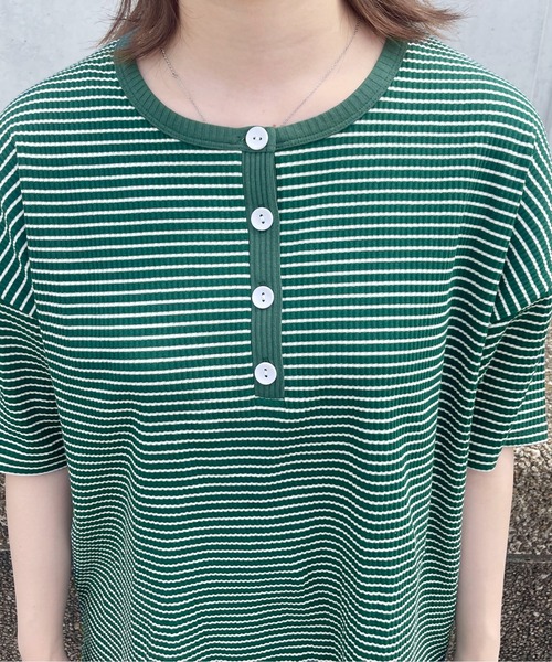 PairPair（ペアペア）の「【ペットとリンクコーデ】テレコボーダーヘンリーネックT（Tシャツ/カットソー・レディース・ネイビー/グリーン・フリー）」の9枚目の写真