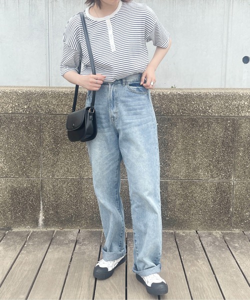 PairPair（ペアペア）の「【ペットとリンクコーデ】テレコボーダーヘンリーネックT（Tシャツ/カットソー・レディース・ネイビー/グリーン・フリー）」の11枚目の写真