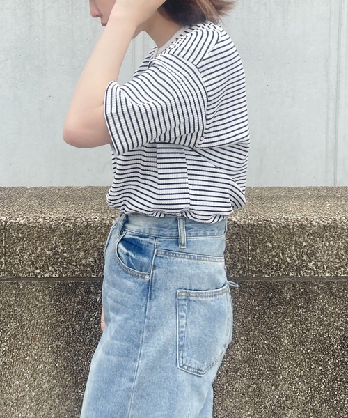 PairPair（ペアペア）の「【ペットとリンクコーデ】テレコボーダーヘンリーネックT（Tシャツ/カットソー・レディース・ネイビー/グリーン・フリー）」の13枚目の写真