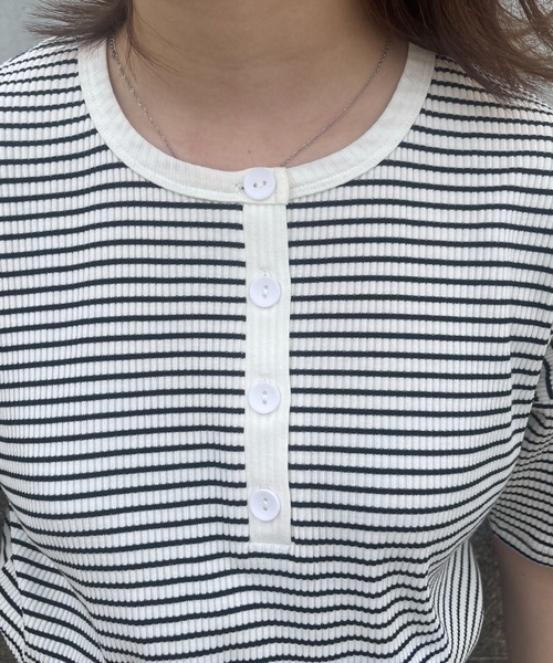 PairPair（ペアペア）の「【ペットとリンクコーデ】テレコボーダーヘンリーネックT（Tシャツ/カットソー・レディース・ネイビー/グリーン・フリー）」の16枚目の写真