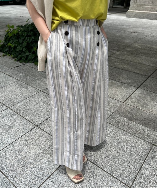 Chez toi（シェトワ）の「Wボタンマルチストライプリネンパンツ（その他パンツ・レディース・ベージュ/ネイビー・FREE）」の4枚目の写真