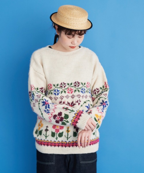 Malle（マル）の「malle ペルー手編み　花と雪セーター（ニット/セーター・レディース・アイボリー/ブラック・FREE）」の13枚目の写真