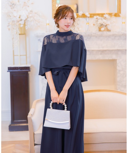 ネイビー レース フレアスリーブドレス レースフレアスリーブドレス