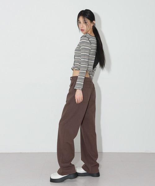 FOLLOWIN（フォロウィン）の「ストライプ斜めウェーブボタンクロップTシャツ（Tシャツ/カットソー・レディース・ブラック/ピンク/ブルー・FREE）」の10枚目の写真