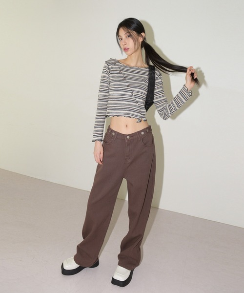 FOLLOWIN（フォロウィン）の「ストライプ斜めウェーブボタンクロップTシャツ（Tシャツ/カットソー・レディース・ブラック/ピンク/ブルー・FREE）」の15枚目の写真