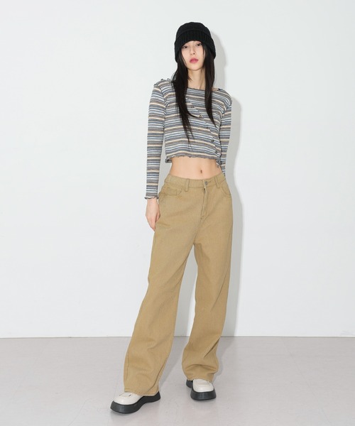 FOLLOWIN（フォロウィン）の「ストライプ斜めウェーブボタンクロップTシャツ（Tシャツ/カットソー・レディース・ブラック/ピンク/ブルー・FREE）」の19枚目の写真