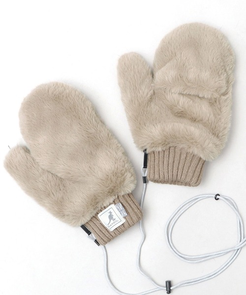 KANGOL（カンゴール）の「ストラップ付 ファー ミトングローブ / 裏ボア ミトン / 手袋 / フード付き フィンガーレスグローブ（手袋・レディース・ベージュ/ブラック・FREE）」の2枚目の写真