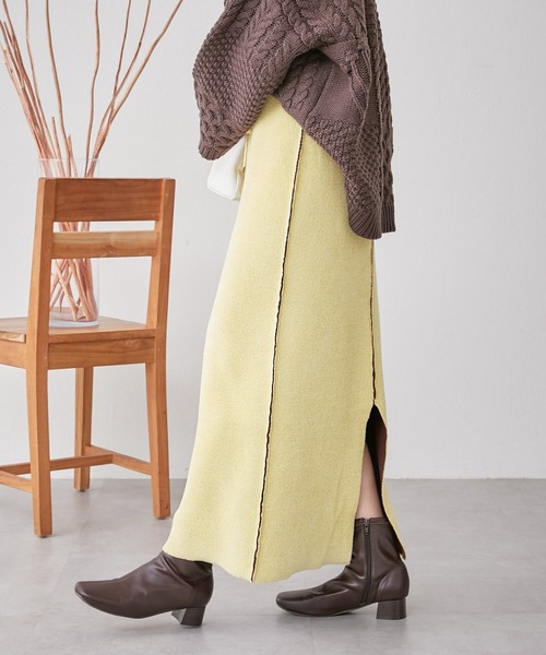 CIAOPANIC TYPY（チャオパニックティピー）の「モールヤーンWフェイスニットラインスカート（スカート・レディース・ネイビー/ブラウン/イエロー・ONE SIZE）」の3枚目の写真