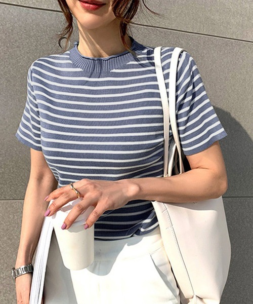 Dewlily（デューリリー）の「ボーダー半袖ニットソー（ニット/セーター・レディース・ブラック/ブルー/イエロー/ピンク/ホワイト・FREE）」の3枚目の写真