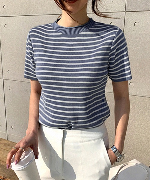 Dewlily（デューリリー）の「ボーダー半袖ニットソー（ニット/セーター・レディース・ブラック/ブルー/イエロー/ピンク/ホワイト・FREE）」の16枚目の写真