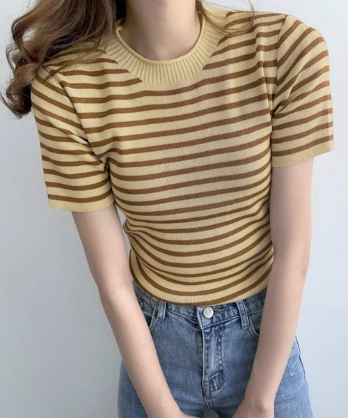 Dewlily（デューリリー）の「ボーダー半袖ニットソー（ニット/セーター・レディース・ブラック/ブルー/イエロー/ピンク/ホワイト・FREE）」の6枚目の写真