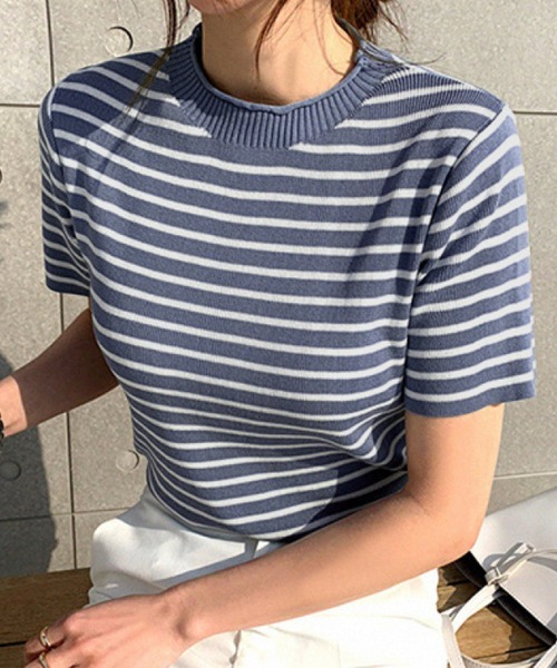 Dewlily（デューリリー）の「ボーダー半袖ニットソー（ニット/セーター・レディース・ブラック/ブルー/イエロー/ピンク/ホワイト・FREE）」の9枚目の写真