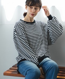 pairmanon | 【ママサイズ】ボーダー ボリューム袖 長袖 ベーシック Tシャツ(Tシャツ/カットソー)