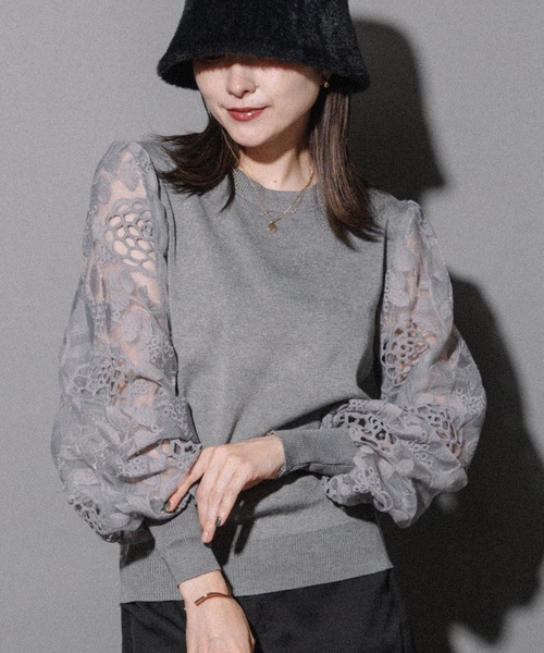 MHBG TOKYO（エムエイチビージートーキョー）の「袖レースプルオーバーニット（ニット/セーター・レディース・ブラック/ベージュ/グレー・FREE）」の2枚目の写真