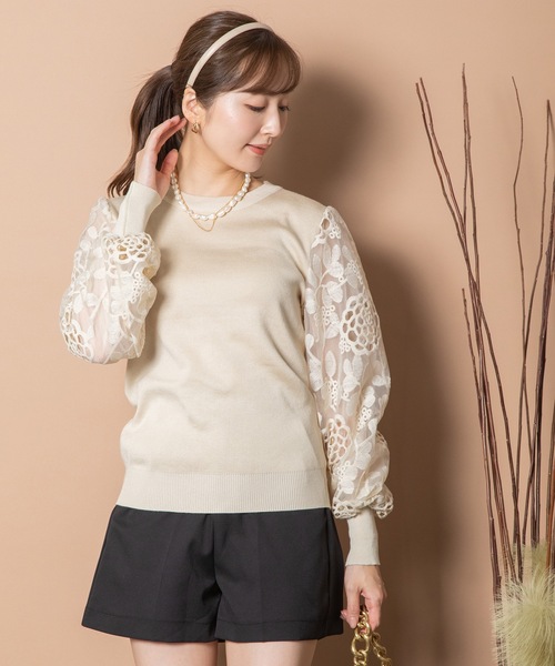 MHBG TOKYO（エムエイチビージートーキョー）の「袖レースプルオーバーニット（ニット/セーター・レディース・ブラック/ベージュ/グレー・FREE）」の4枚目の写真