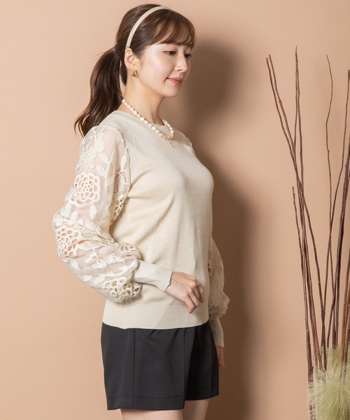 MHBG TOKYO（エムエイチビージートーキョー）の「袖レースプルオーバーニット（ニット/セーター・レディース・ブラック/ベージュ/グレー・FREE）」の5枚目の写真