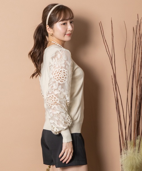 MHBG TOKYO（エムエイチビージートーキョー）の「袖レースプルオーバーニット（ニット/セーター・レディース・ブラック/ベージュ/グレー・FREE）」の6枚目の写真