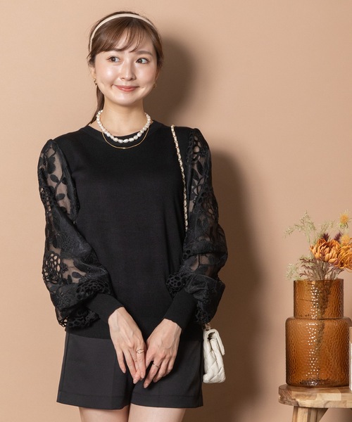 MHBG TOKYO（エムエイチビージートーキョー）の「袖レースプルオーバーニット（ニット/セーター・レディース・ブラック/ベージュ/グレー・FREE）」の12枚目の写真