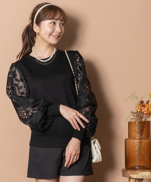 MHBG TOKYO（エムエイチビージートーキョー）の「袖レースプルオーバーニット（ニット/セーター・レディース・ブラック/ベージュ/グレー・FREE）」の13枚目の写真