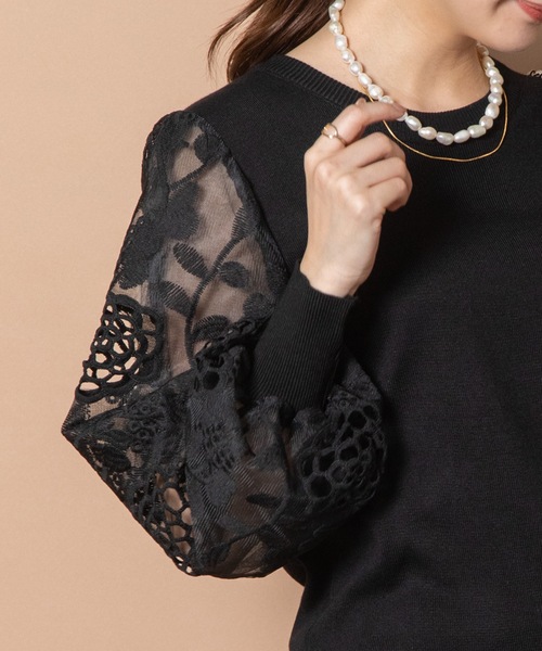 MHBG TOKYO（エムエイチビージートーキョー）の「袖レースプルオーバーニット（ニット/セーター・レディース・ブラック/ベージュ/グレー・FREE）」の16枚目の写真