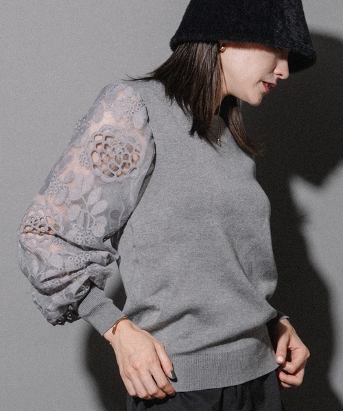 MHBG TOKYO（エムエイチビージートーキョー）の「袖レースプルオーバーニット（ニット/セーター・レディース・ブラック/ベージュ/グレー・FREE）」の22枚目の写真