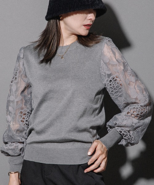 MHBG TOKYO（エムエイチビージートーキョー）の「袖レースプルオーバーニット（ニット/セーター・レディース・ブラック/ベージュ/グレー・FREE）」の20枚目の写真