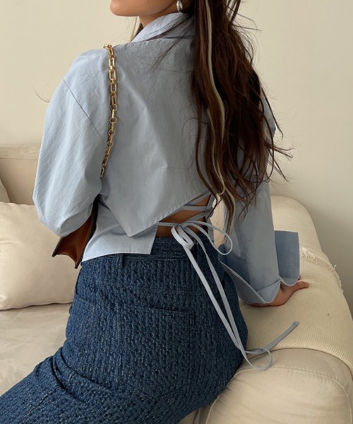 Chick(チック)の「▲Cross Back Short Shirt / クロスショート丈シャツ(シャツ/ブラウス・レディース・ブラック/ライトブルー・FREE)」の5枚目の写真