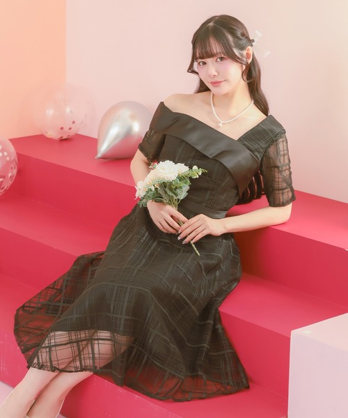 セール】パーティー ドレス 二次会 Aライン シアー チェック サテン