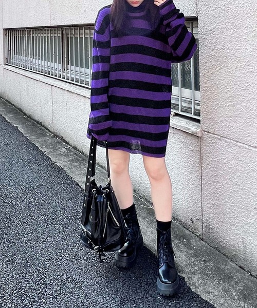 Figments(フィグメンツ)の「オーバーサイズボーダーニット(ニット/セーター・レディース・グレー/パープル・FREE)」の10枚目の写真