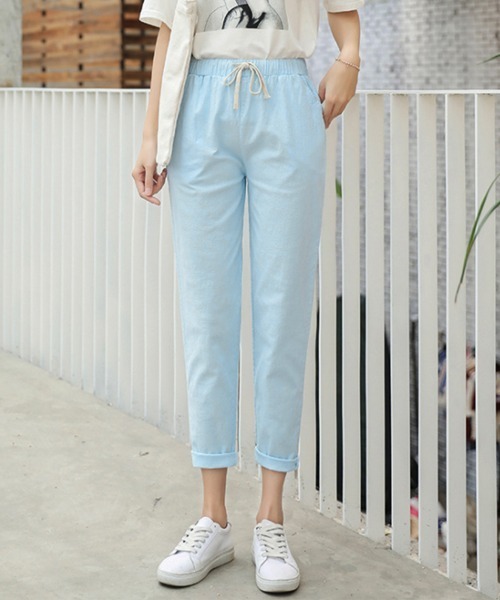 Miniministore(ミニミニストア)の「綿麻パンツ ストレートパンツ レディース(チノパンツ・レディース・ブルー/テラコッタ/グリーン/ライトグレー/ホワイト/ネイビー/ベージュ/ライム/ブラック・FREE)」の9枚目の写真