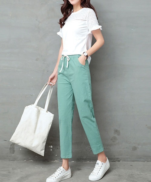 Miniministore(ミニミニストア)の「綿麻パンツ ストレートパンツ レディース(チノパンツ・レディース・ブルー/テラコッタ/グリーン/ライトグレー/ホワイト/ネイビー/ベージュ/ライム/ブラック・FREE)」の10枚目の写真