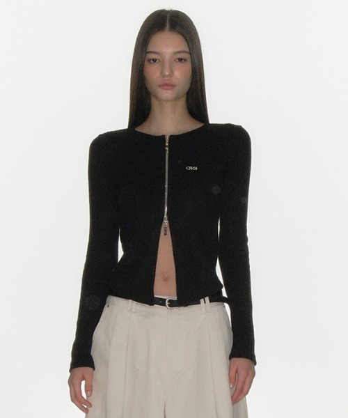 CRANK(クランク)の「A'GEM/9 × .kom 『CRANK/クランク』 RIBBED ZIPPER CARDIGAN/リベットジップカーデ(カーディガン/ボレロ・レディース・ブラック/グレー・FREE)」の4枚目の写真