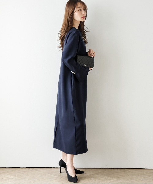 Capica パール付キーネックワンピース ネイビー セール】キーネックパールワンピース（ワンピース）｜La-gemme