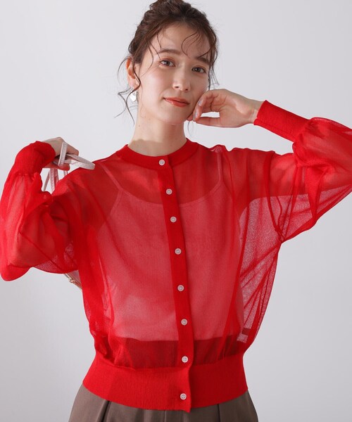 N.(N. Natural Beauty Basic)(エヌエヌナチュラルビューティーベーシック)の「◆クルーネックシアーカーディガン(カーディガン/ボレロ・レディース・ベージュ/レッド/オフホワイト・MEDIUM)」の4枚目の写真